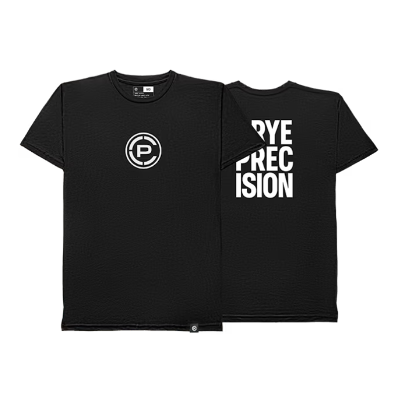 Black short-sleeve t-shirt shown from both front and back. The front features a white circular logo with a stylized 'CP' on the center chest, and the back features large white text reading 'CRYE PRECISION'.