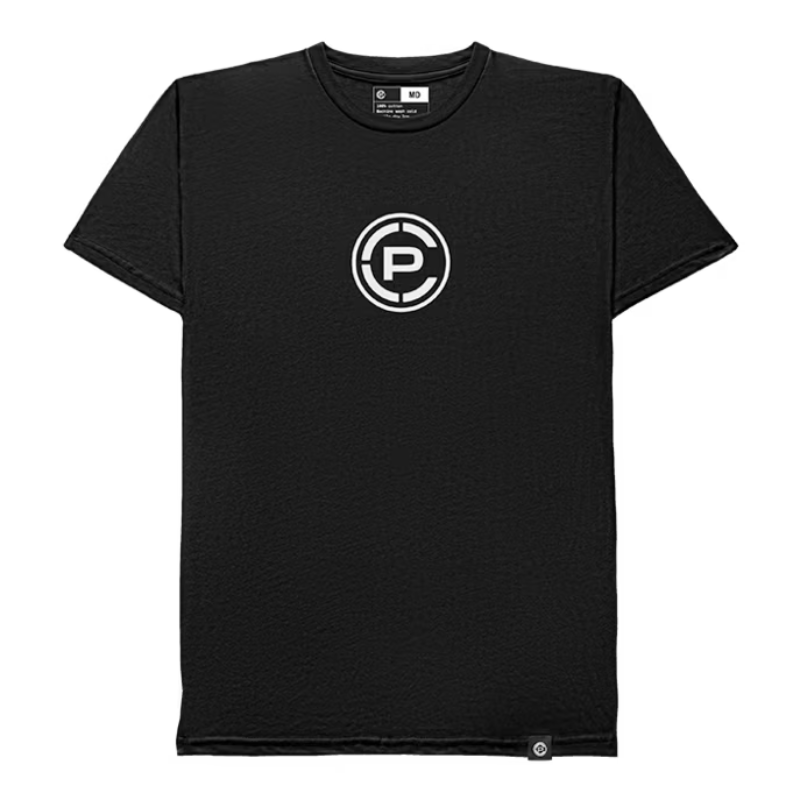 A black short-sleeve crewneck t-shirt featuring a white circular logo with a stylized 'CP' logo on the center chest, displayed against a solid white background.