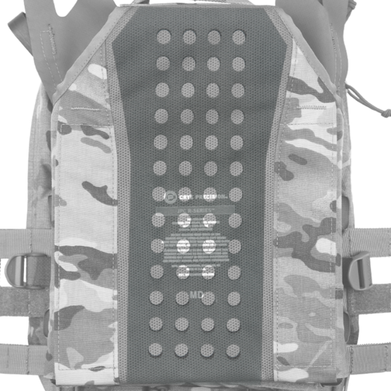 Crye Precision R-Series JPC Padded Insert mounted inside a Crye plate carrier, demonstrating its low-profile fit and ergonomic support for extended armor wear.