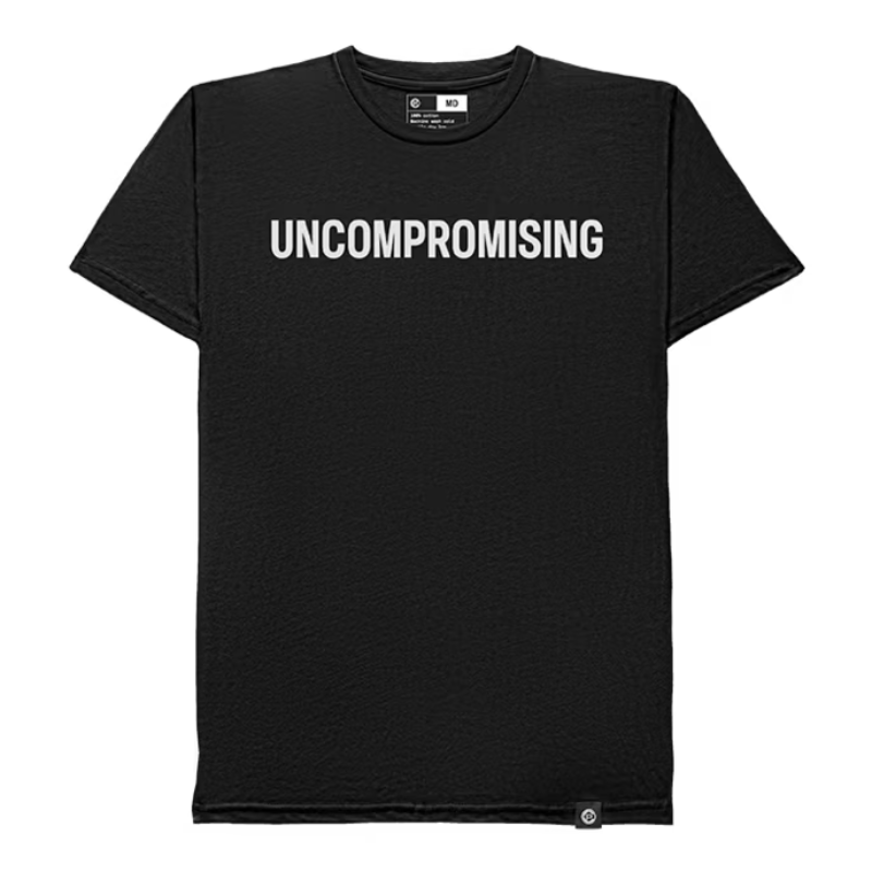A black short-sleeve crewneck t-shirt with the word 'UNCOMPROMISING' printed in bold white capital letters across the chest, displayed flat against a solid white background.