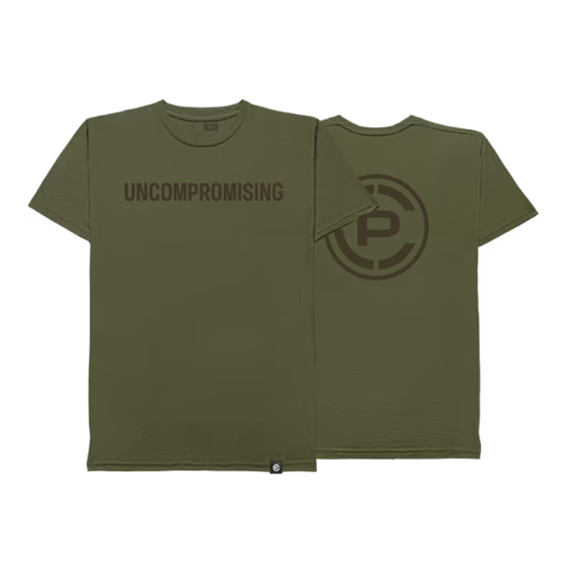 An olive green short-sleeve t-shirt shown from both the front and back. The front features the word 'UNCOMPROMISING' printed in dark brown across the chest, and the back features a large dark brown circular logo with a stylized letter 'CP'.