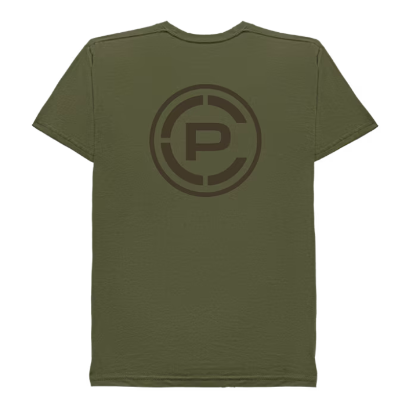 An olive green short-sleeve t-shirt shown from the back, featuring a large dark brown circular logo with a stylized letter 'CP' in the center.
