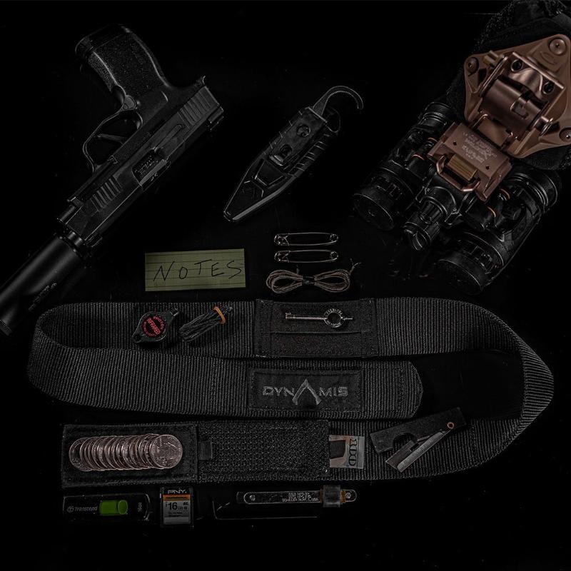 Dynamis Alliance LOPRO Belt shown with hidden storage compartments and EDC accessories illustrating its covert organizational features.