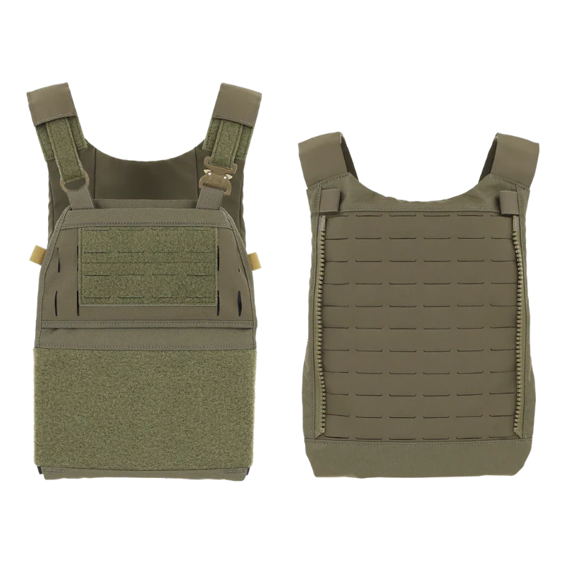 Ranger Green tactical vest with straps on a white background