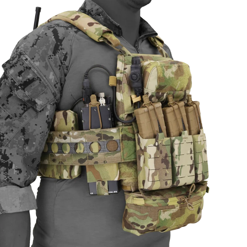 Fully kitted out Ferro Concepts FCPC Multicam Camouflage tactical vest with multiple pouches on a greyed out model