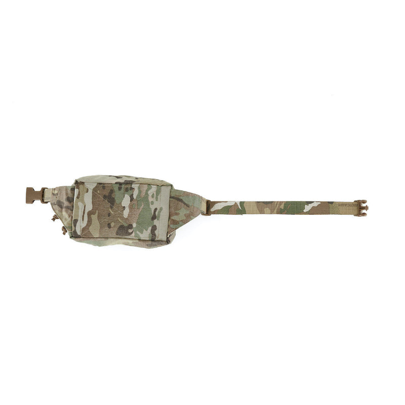 Back view of unbuckled Multicam waist bag on a white background