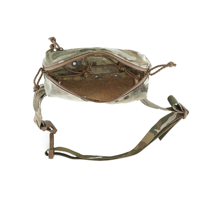 Above view of an opened Multicam waist bag on a white background