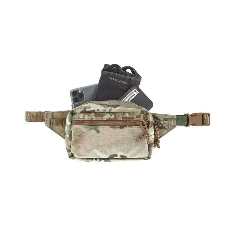 Multicam waist bag with phone and wallet stored inside on a white background