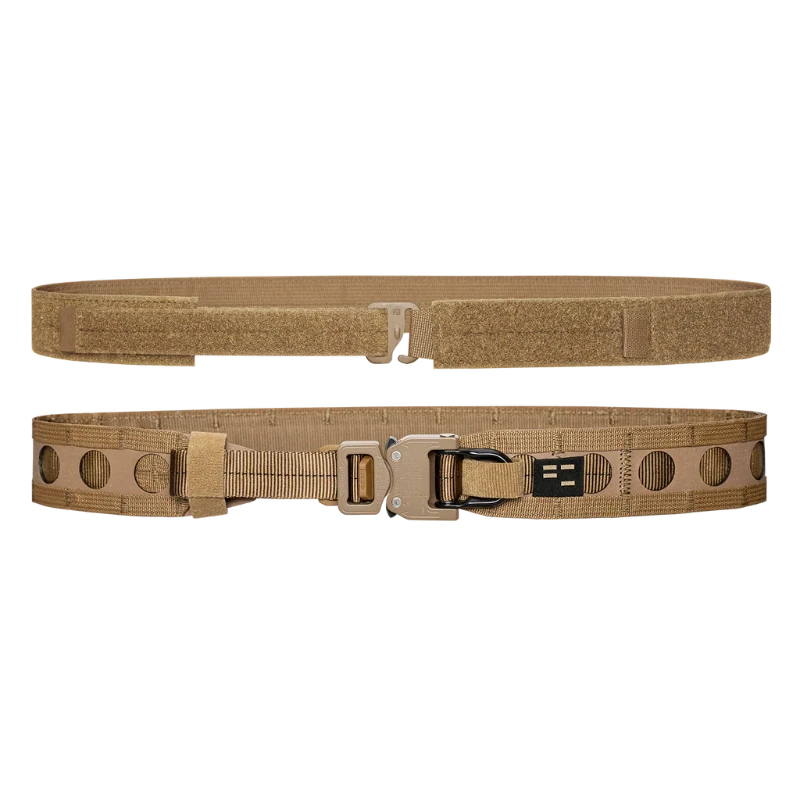 Ferro Concepts Bora Belt in Coyote lightweight MOLLE tactical battle belt with D-Ring Cobra buckle, reinforced tubular webbing spine, and thermoplastic frame, low profile duty belt system designed for holsters, rifle and pistol mag pouches, and professional combat gear setups made in the USA