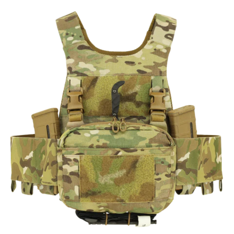 Ferro Concepts Carry Elastic Cummerbund installed on a plate carrier, demonstrating expanded storage capacity while maintaining a streamlined tactical loadout.