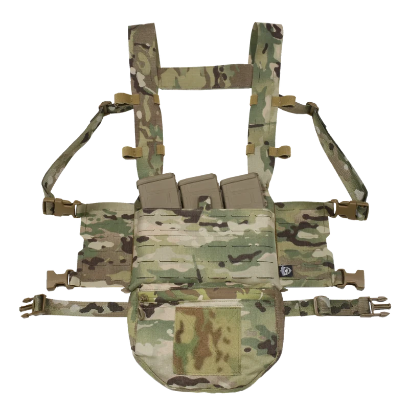 Ferro Concepts Chesty Rig Harness Wide in MultiCam shown kitted with modular pouches, front flaps, and magazines. Fully customizable tactical harness compatible with Slickster and ADAPT platforms for field, range, and mission-ready use.