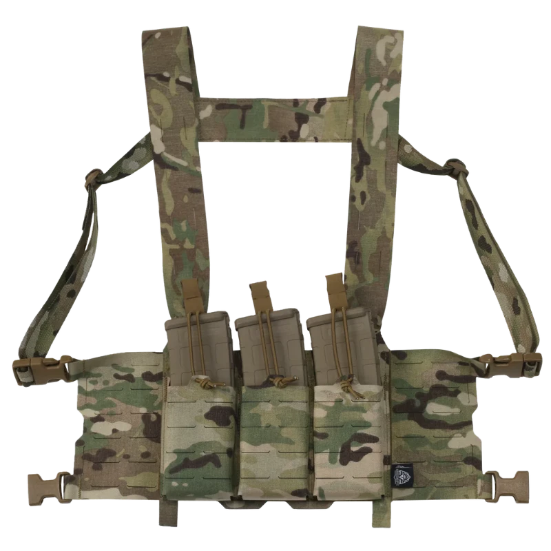 Ferro Concepts Chesty Rig Harness Wide in MultiCam shown fully kitted with magazines and pouches. Modular chest rig harness compatible with Slickster and ADAPT platforms. Built for mission-ready tactical loadouts and range training setups.
