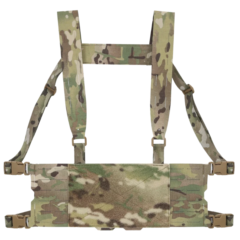 Ferro Concepts Chesty Rig Harness Wide in MultiCam, a USA-made modular chest rig harness with MOLLE webbing, laser-cut slots, and loop Velcro for ID patches. Compatible with Slickster and ADAPT platforms for tactical range and mission use.