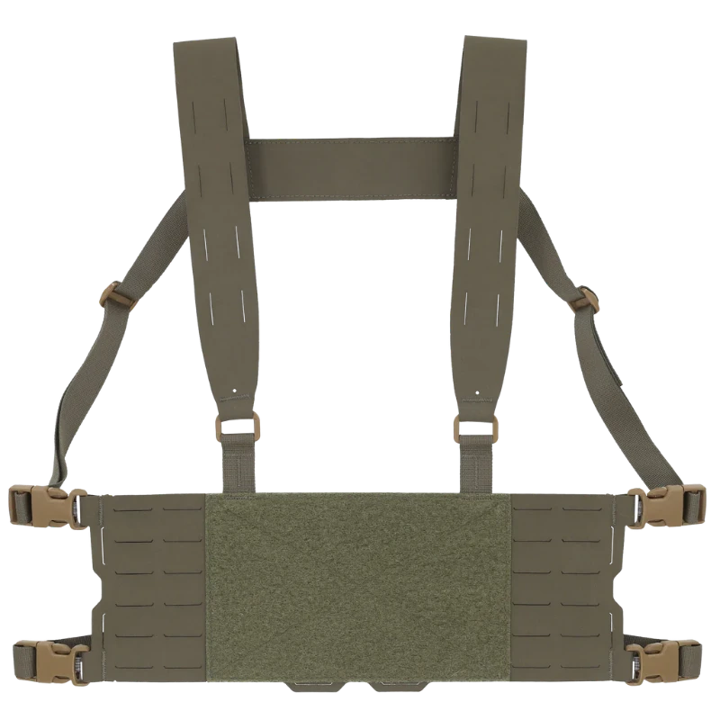 Ferro Concepts Chesty Rig Harness Wide in Ranger Green, a USA-made modular chest rig harness compatible with Slickster and ADAPT platforms. Features MOLLE webbing, laser-cut slots, and loop Velcro for ID patches. Ideal for tactical and range use.