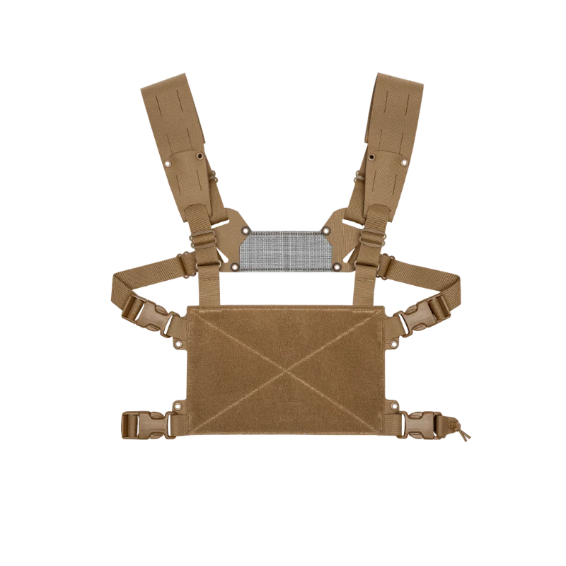 Coyote Brown Ferro Concepts Chesty Rig Mini V2 with streamlined design, adjustable harness, and compatibility with ADAPT front flaps.