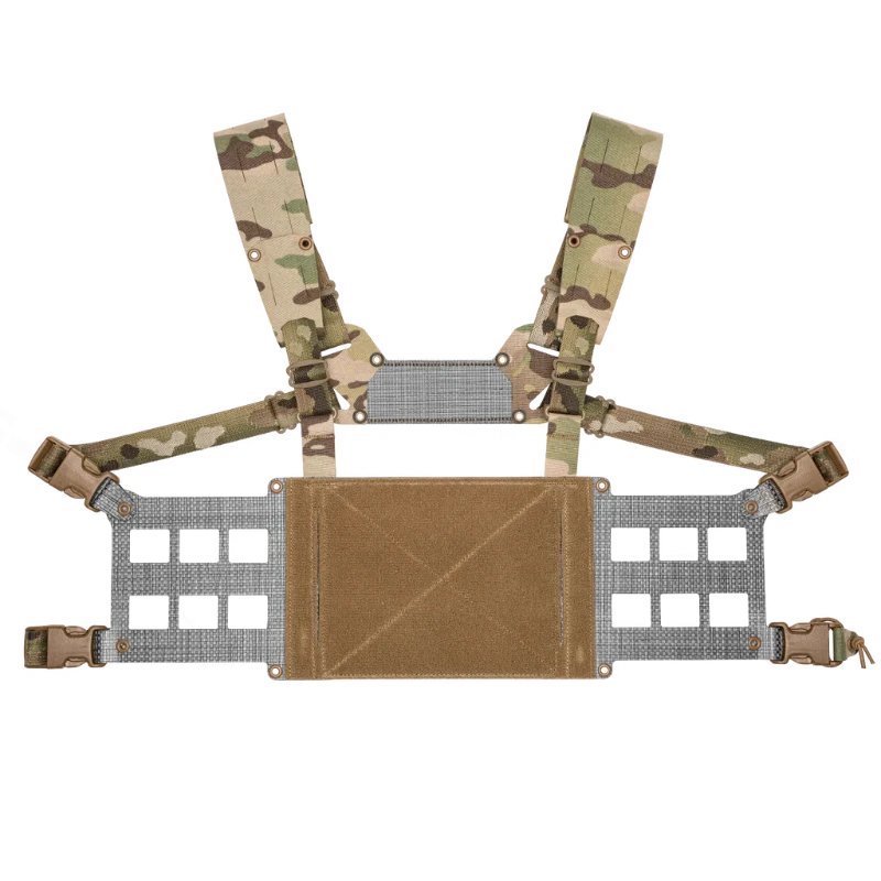 MultiCam Ferro Concepts Chesty Rig Wide V2 featuring rigid MOLLE wings, adjustable harness system, and modular pouch attachment capability.