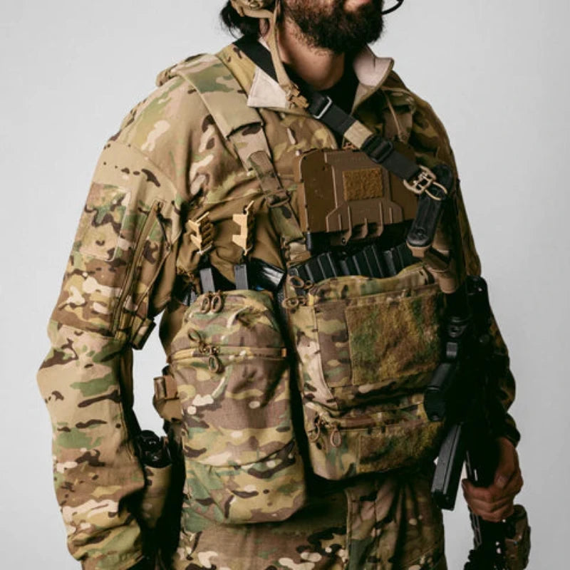Side view of the Ferro Concepts Chesty Rig Wide V2 worn during operations, highlighting the low-profile fit and modular gear integration.