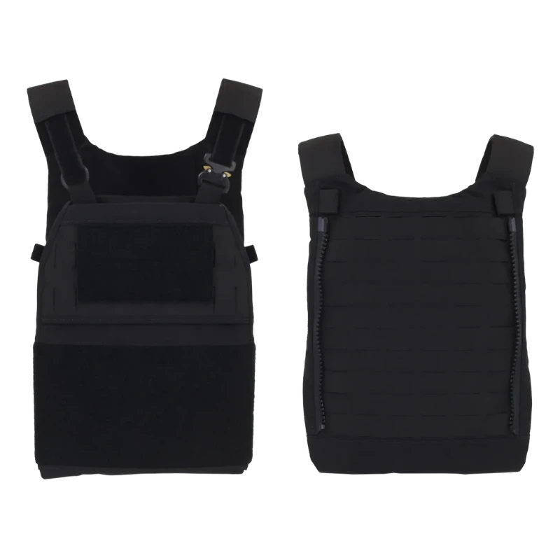 Photo showing both front and back views of the Ferro Concepts FCPC V5 Base Plate Carrier in Black. Highlights include modular laser-cut MOLLE panels, secure front and rear plate pockets, adjustable shoulder straps, and reinforced construction. This tactical combat vest provides lightweight comfort, mission-ready durability, and customizable gear attachment for military and law enforcement professionals