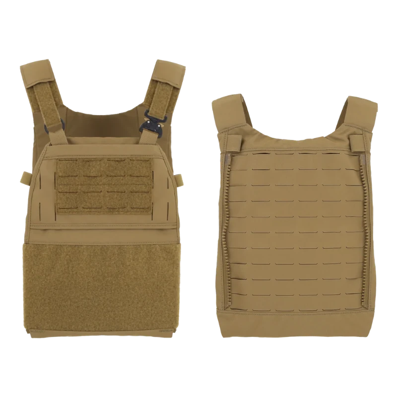 Front and Back views of Ferro Concepts FCPC V5 Base Plate Carrier in Coyote Brown showing modular tactical vest design with laser-cut MOLLE panels, secure plate pockets, and adjustable fit. This lightweight combat plate carrier is trusted by military and law enforcement professionals for its durability, customization options, and mission-ready performance