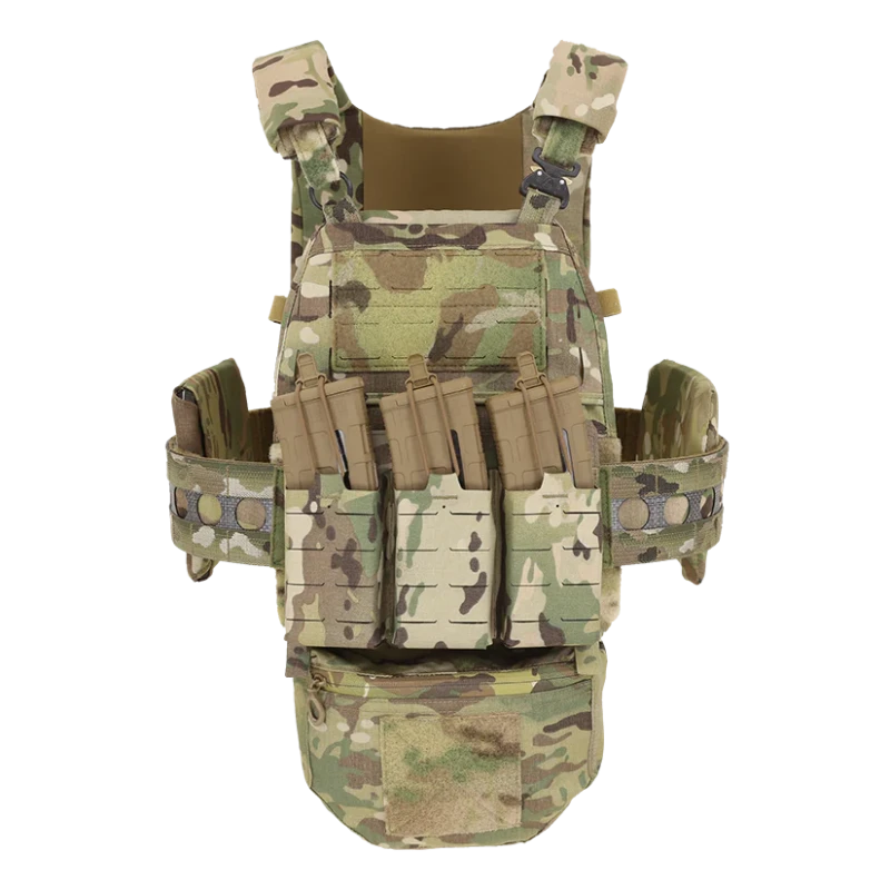 Photo of the Ferro Concepts FCPC V5 Base Plate Carrier fully kitted out with tactical accessories including pouches, mag holders, and mission-essential gear attached to the laser-cut MOLLE panels. This image shows how the modular plate carrier provides secure plate retention, customizable loadout options, and a mission-ready fit trusted by operators and law enforcement professionals