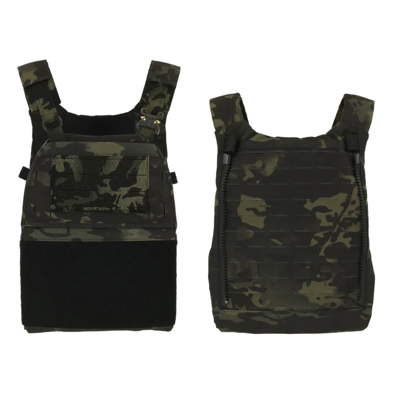 Photo showing front and back views of the Ferro Concepts FCPC V5 Base Plate Carrier in MultiCam Black. Highlights include laser-cut MOLLE panels for attaching tactical pouches, secure front and rear plate pockets, adjustable shoulder straps, and reinforced durable construction. This lightweight modular combat plate carrier provides low-profile comfort and mission-ready performance for operators and tactical professionals