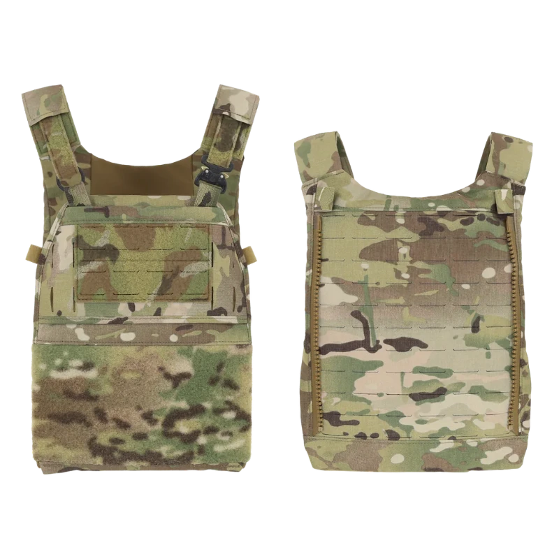 Photo showing both front and back views of the Ferro Concepts FCPC V5 Base Plate Carrier in MultiCam camo pattern. Features include laser-cut MOLLE panels for mounting tactical gear, secure front and rear plate pockets, adjustable shoulder straps, and reinforced low-profile build. This lightweight modular combat plate carrier is trusted by special operations and law enforcement for high-threat missions