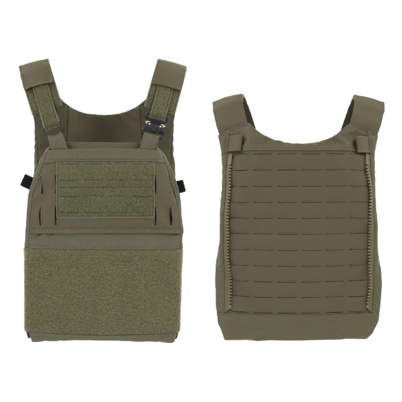 Photo displaying both front and back views of the Ferro Concepts FCPC V5 Base Plate Carrier in Ranger Green. Features include laser-cut MOLLE panels for modular attachments, secure front and rear plate pockets, adjustable shoulder straps, and a reinforced low-profile design. This tactical plate carrier is lightweight, durable, and trusted by special operations for combat and duty use