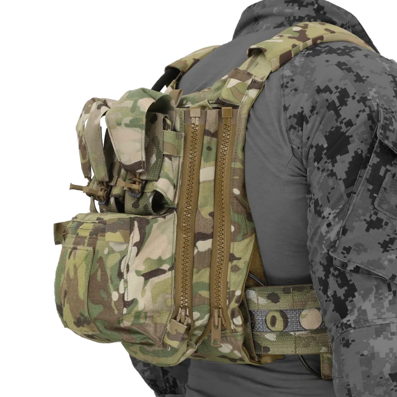 Side view showing the back panel of the Ferro Concepts FCPC V5 Base Plate Carrier while worn by an operator. This image highlights the low-profile rear plate pocket, laser-cut MOLLE webbing for attaching tactical gear, and the secure adjustable fit that provides mobility and comfort during combat, range training, and law enforcement missions