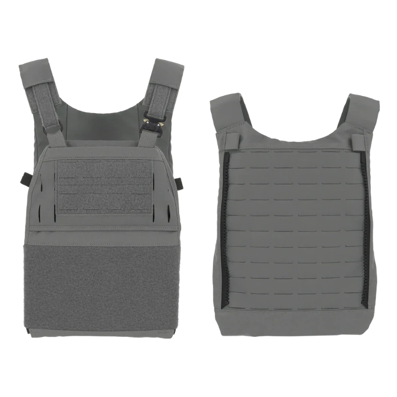 Photo showing both front and back views of the Ferro Concepts FCPC V5 Base Plate Carrier in Wolf Grey. Highlights include laser-cut MOLLE panels for modular gear attachment, secure plate pockets front and rear, adjustable shoulder straps, and a durable low-profile construction. This tactical plate carrier is lightweight and mission-ready for operators and law enforcement professionals.