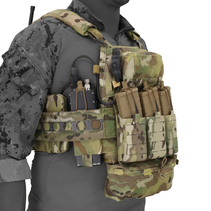 Photo of the Ferro Concepts FCPC V5 Base Plate Carrier being worn by an operator, highlighting the low-profile tactical fit, secure shoulder straps, and modular laser-cut MOLLE panels for mounting gear. This combat-ready plate carrier provides lightweight comfort, secure plate retention, and full mobility for missions and range training