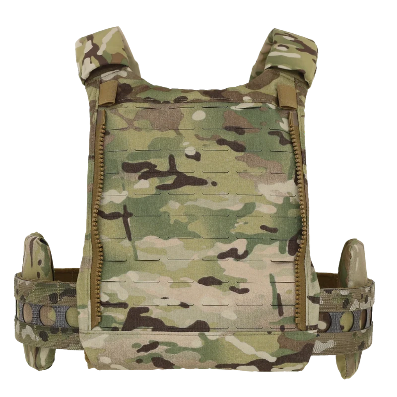 Photo highlighting the zip-on panel portion of the Ferro Concepts FCPC V5 Base Plate Carrier showing the modular back panel attachment system that allows operators to quickly add or remove mission-specific packs and pouches. This feature enhances the plate carrier’s versatility and makes it easy to customize tactical loadouts for combat and duty use