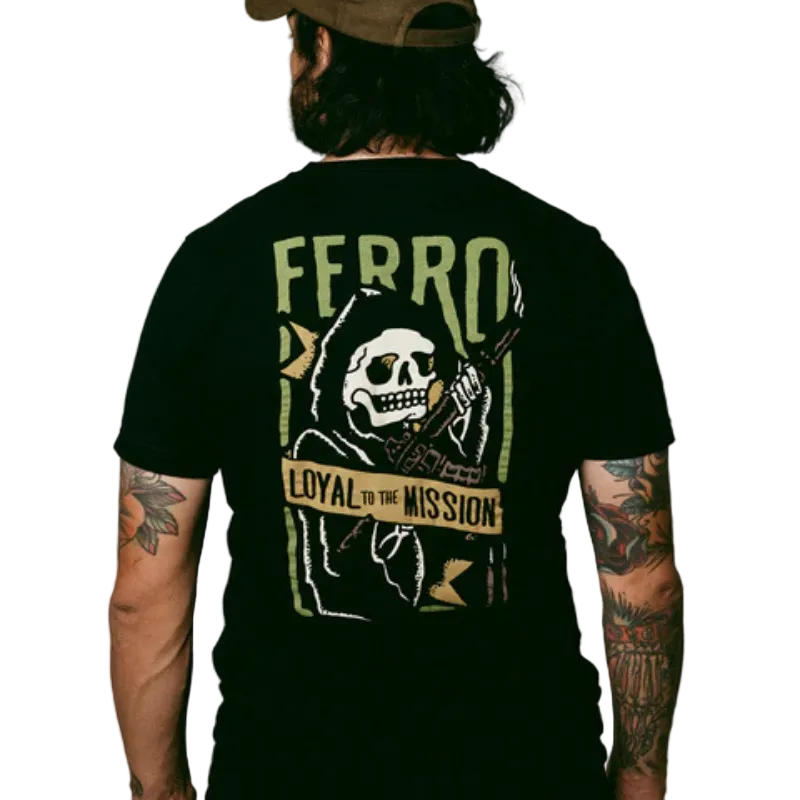 Model wearing Ferro Concepts Loyal Reaper Tee displaying large back graphic featuring the Loyal Reaper artwork and Ferro branding