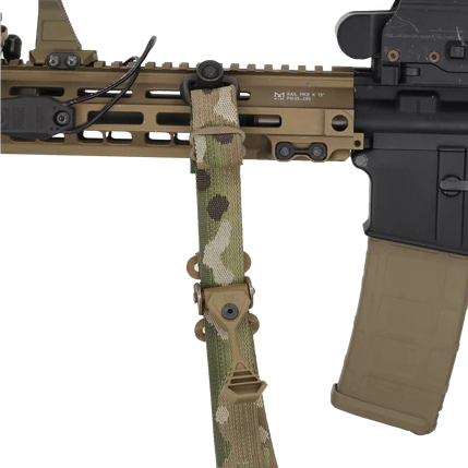 Ferro Concepts Pull Tab Kit installed on a Slingster sling attached to a rifle, allowing faster sling adjustments and improved control.