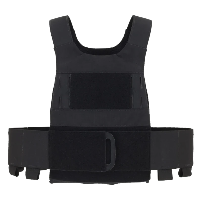 Front view of the Ferro Concepts Slickster Plate Carrier in Black showcasing its ultra-lightweight low-profile design with an elastic cummerbund that secures rifle magazines, radio, or medical gear. Includes loop Velcro panels for patches, laser-cut slots for modular ADAPT flaps or chest rigs, and adjustable laminated shoulder straps for a custom fit. This scalable minimalist plate carrier is trusted by law enforcement, plainclothes security, and covert operators for everyday tactical use