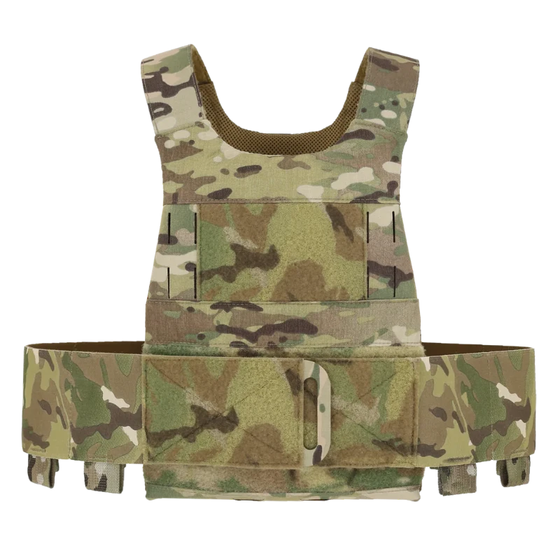 Front view of the Ferro Concepts Slickster Plate Carrier in MultiCam camo showing its streamlined minimalist design with an elastic cummerbund for securing 5.56 and 7.62 magazines, smoke, radio, or medical gear. Features loop Velcro for ID patches, laser-cut slots for attaching ADAPT flaps or chest rigs, and fully adjustable laminated shoulder straps. This low-profile modular plate carrier is trusted for covert operations, tactical missions, and law enforcement duty