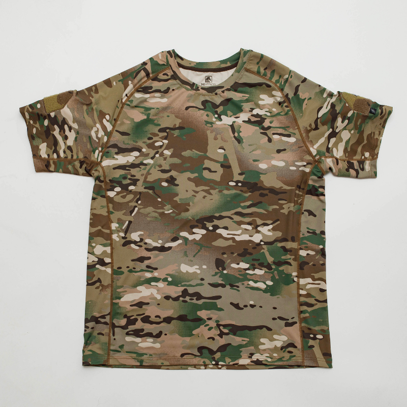 Flat lay of short sleeve MultiCam range shirt showing tactical cut, patch-ready sleeves, and lightweight moisture-wicking fabric