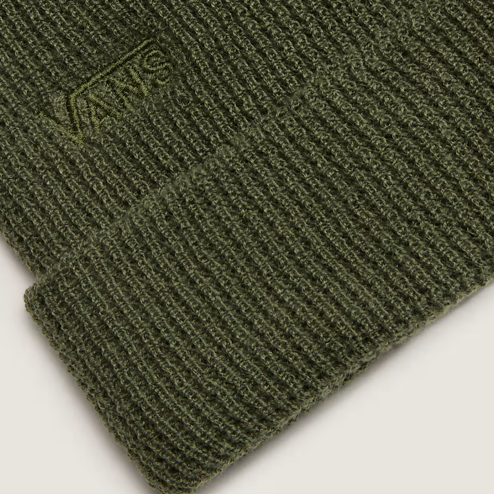 Close-up of eco-friendly waffle beanie in forest green with tonal Vans Flying V logo, ideal for winter range days, hikes, or everyday tactical fits.