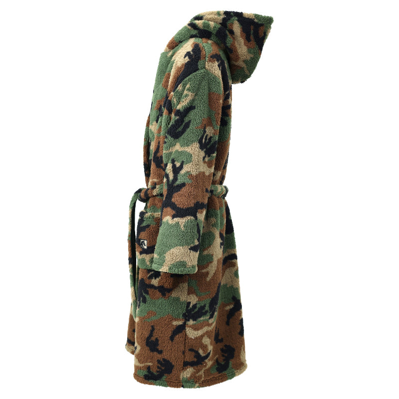 Side view of an M81 Woodland Camouflage-patterned robe on a white background