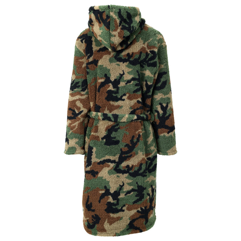 Back view of an M81 Woodland Camouflage-patterned robe on a white background