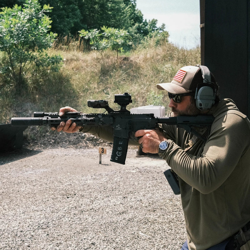 GBRS Group HYDRA V2 2.91 inch elevated red dot optic mount in use during GBRS Group training course, tall tactical rifle mount optimized for heads up shooting posture, rapid target acquisition, and night vision compatible duty rifle performance made in the USA