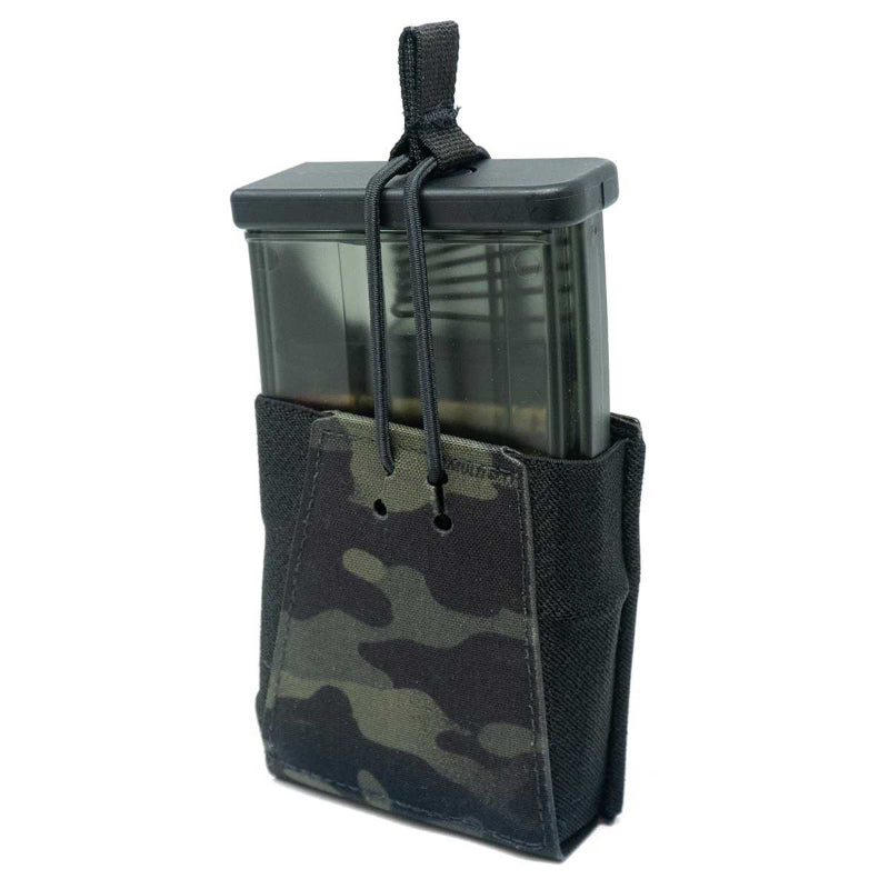 GBRS Group Single Rifle Mag Pouch in Multicam Black (5.56) | Lightweight, laser-cut MOLLE 5.56 pouch with thick poly elastic retention and removable bungee for fast access