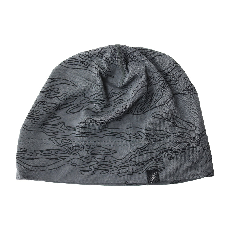 Grey skull cap beanie with black tiger stripe camouflage pattern on a white background