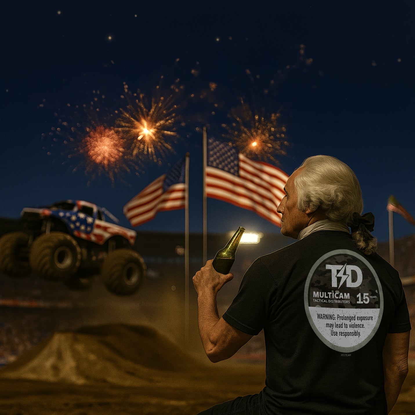George Washington enjoying a cold beer at a monster truck rally, proudly rocking the TD Lip Pillow Tee with a nicotine pouch-inspired back graphic. Surrounded by American flags and the roar of engines, it’s the ultimate celebration of freedom, fun, and the all-American attitude. Just like George, you’ll be ready for anything when you slip into this shirt.