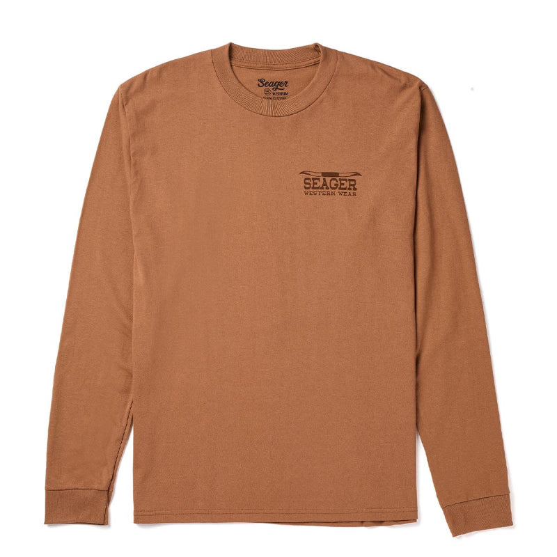 Brown long-sleeve shirt with Seager logo on a white background