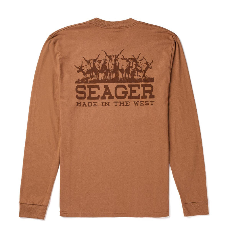 Brown long-sleeve shirt with 'Seager Made in the West' logo on a white background