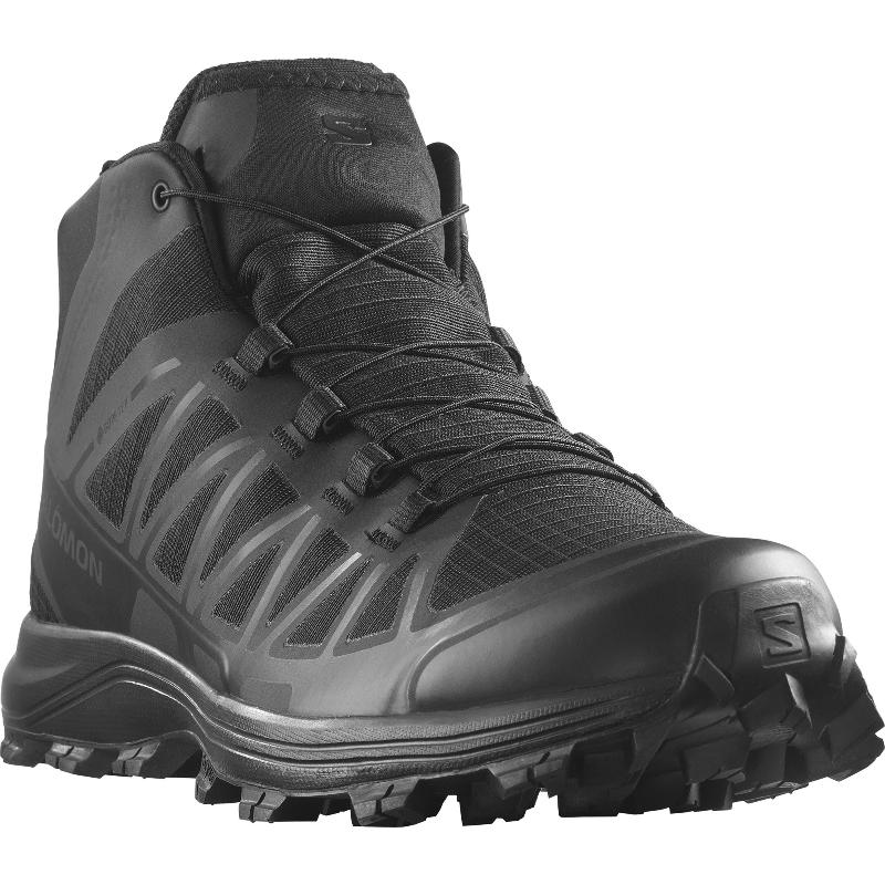 3/4 front view of Salomon SPEED ASSAULT 2 tactical boots in black, built for speed and agility in hot, wet environments. Features Quicklace® system, breathable textile upper, and high-traction rubber outsole for military, patrol, and training missions.