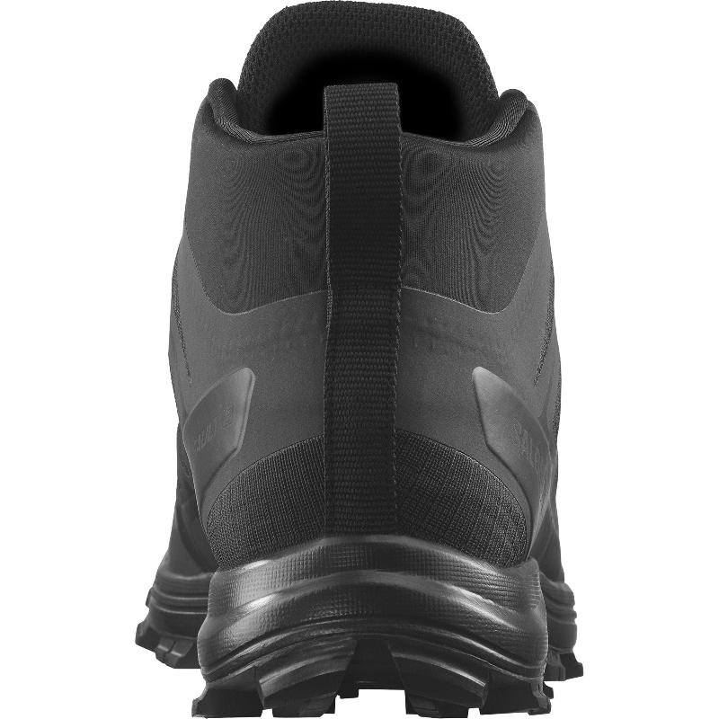 Back heel view of Salomon SPEED ASSAULT 2 tactical boots in black showing reinforced heel support and lightweight construction. Built for hot-weather missions with breathable textile upper, Quicklace® system, and all-terrain traction outsole.