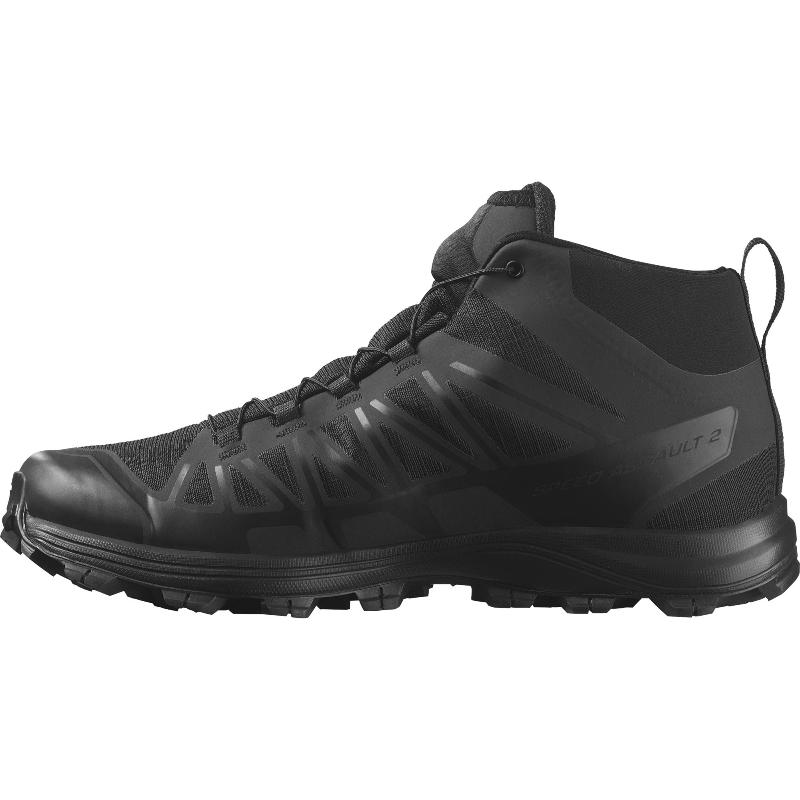Inside side view of Salomon SPEED ASSAULT 2 tactical boots in black showing streamlined profile and breathable construction. Built for speed, agility, and comfort in hot, wet environments with Quicklace® system and durable rubber outsole.