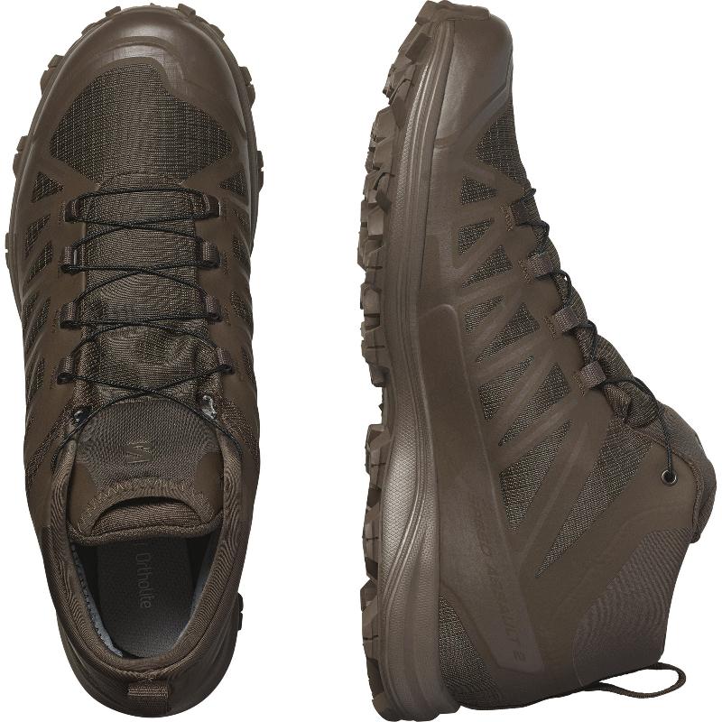 Pair of Salomon SPEED ASSAULT 2 tactical boots in Earth Brown, designed for mobility and comfort in desert and tropical environments. Lightweight, breathable, quick-drying construction with Quicklace® system and high-traction rubber outsole. Available at Tactical Distributors.