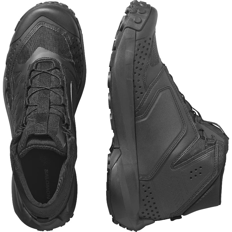 Black amphibious combat boot shown in multiple angles on a white background